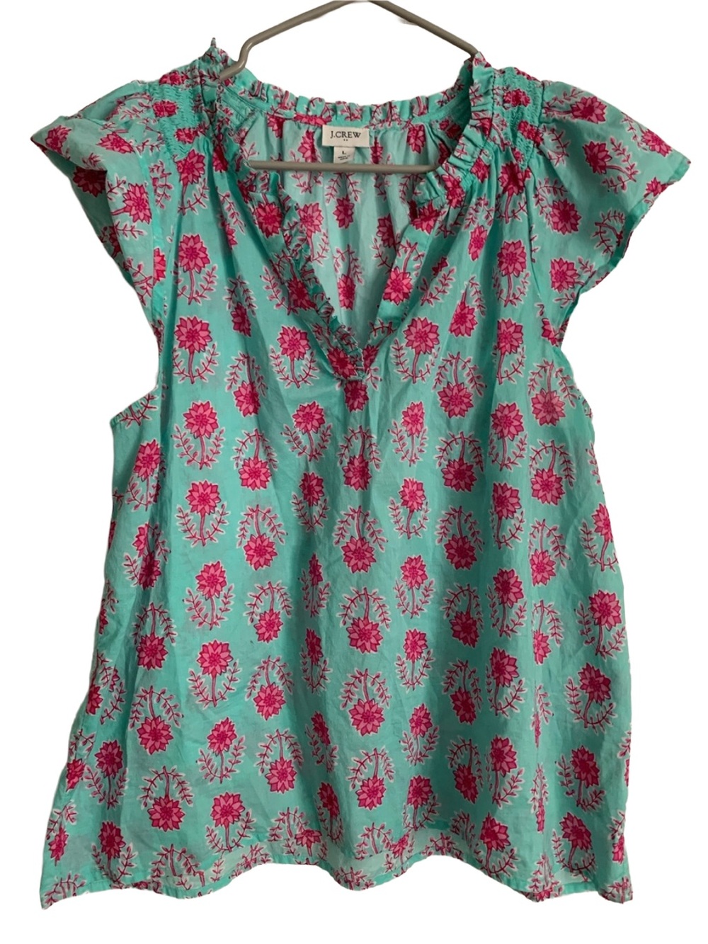 JCREW Women’s Blue Green Dark Pink Floral Print Cotton Cap Flutter Sleeve Blouse